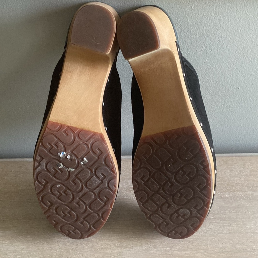 UGG Black Suede Mules with Tan Wooden Heel - Picture 10 of 13